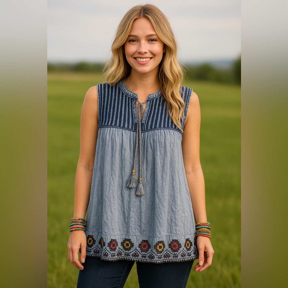 NWT Rachel Zoe Top Sz 1X  Blue Embroidered Tassel Tie Mineral Wash Boho Festival